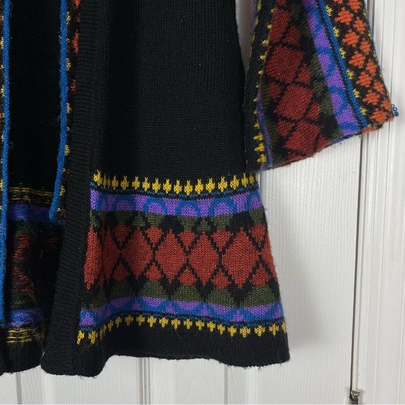 Vintage Boho 70’s Open Front Geo Knit Mid Long Cardigan Duster Sweater Sz M - Picture 2 of 7